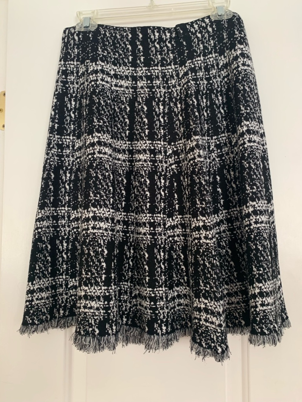 Black and White Tweed A-Line Skirt with fringe edge.